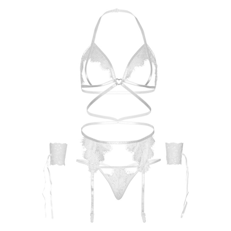 LEG AVENUE - SET QUATTRO PEZZI REGGISENO, G-STRING, REGGISTREE E POLSINI TAGLIA UNICA - BIANCO Leg Avenue Sets