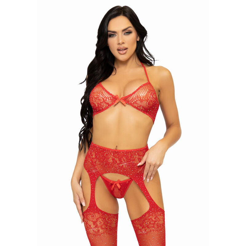LEG AVENUE - SET TRE PEZZI REGGISENO, PERING E CALZA TAGLIA UNICA - ROSSO Leg Avenue Sets