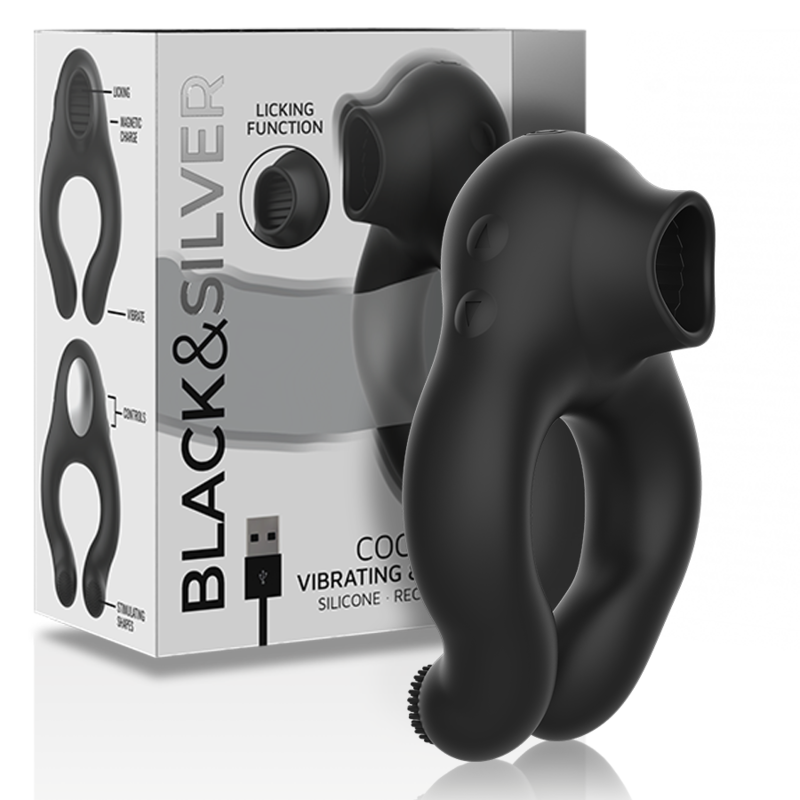 BLACK&SILVER - ANELLO VIBRATORE IN SILICONE 3 MOTORI RICARICABILE NERO Black&silver
