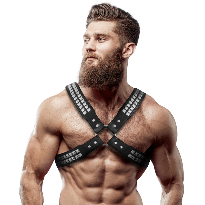 FETISH SUBMISSIVE ATTITUDE - IMBRACATURA IN ECOPELLE CON PETTO INCROCIATO DA UOMO CON RIVETTI Fetish Submissive Attitude