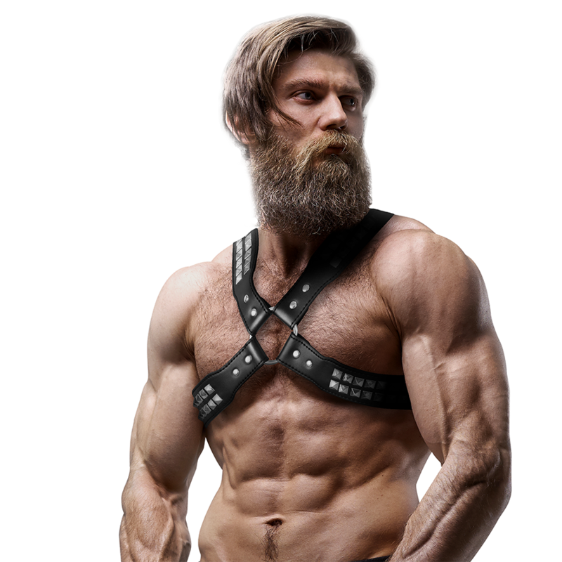 FETISH SUBMISSIVE ATTITUDE - IMBRACATURA IN ECOPELLE CON PETTO INCROCIATO DA UOMO CON RIVETTI Fetish Submissive Attitude