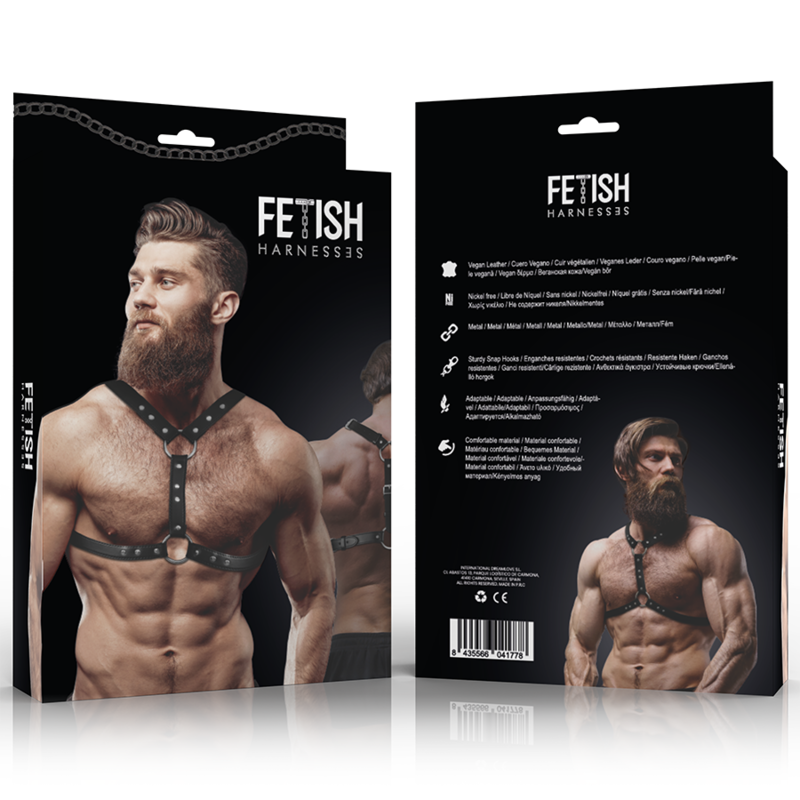FETISH SUBMISSIVE ATTITUDINE - IMBRACATURA PER IL PETTO IN ECOPELLE CON DOPPIO SUPPORTO E BORCHIE PER UOMO Fetish Submissive Attitude