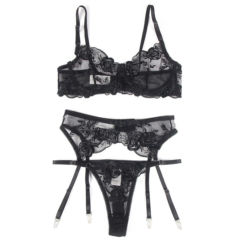 SUBBLIME - SET 3 PEZZI REGGISENO + PERIZOMA + GIARRETTIERA STAMPA FLOREALE NERO S/M Subblime Sets