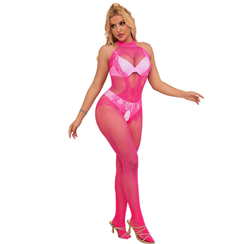 SUBBLIME - 952389 BODYSTOCKING A RETE E PIZZO SENZA CAVALLO CON COLLO ALTO ROSA TAGLIA UNICA Subblime Bodystockings