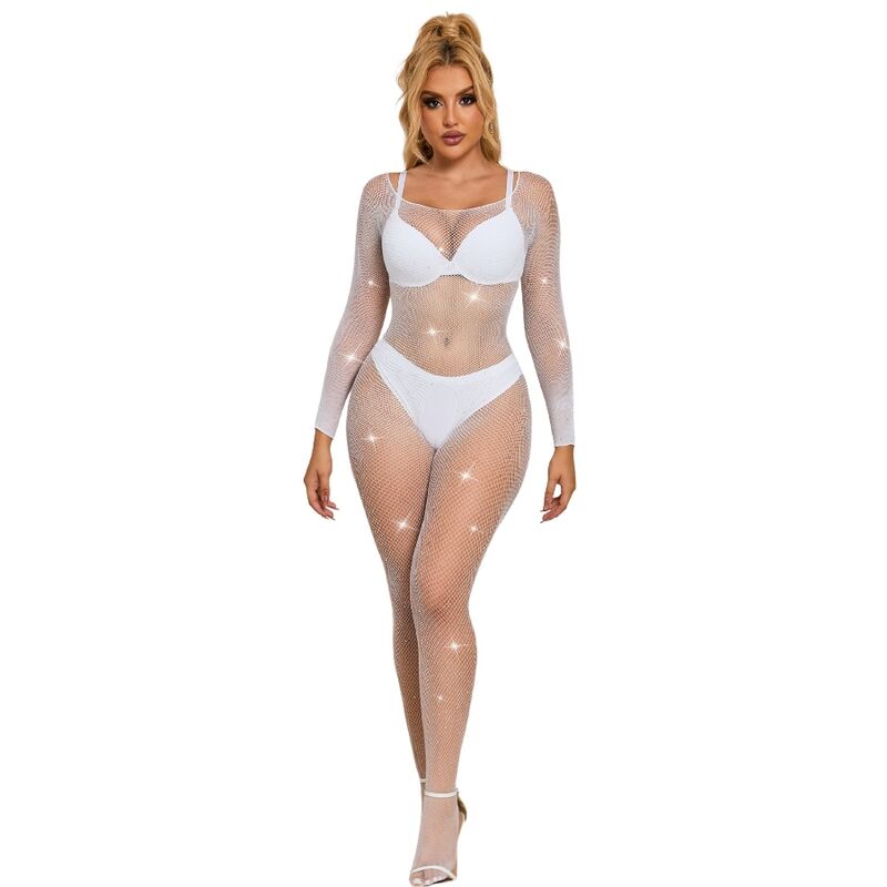 SUBBLIME - 952396 BODYSTOCKING A RETE CON STRASS MANICA LUNGA BIANCO TAGLIA UNICA Subblime Bodystockings