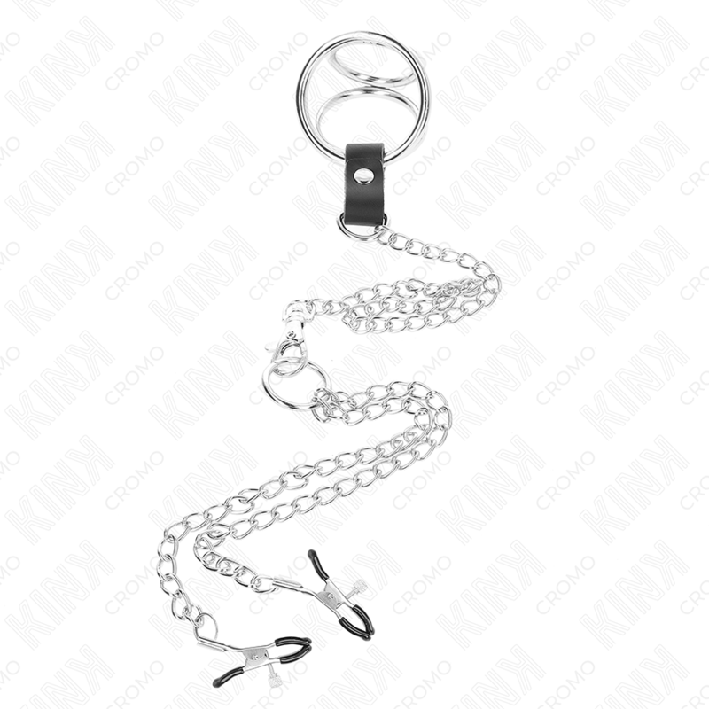 KINK - ANELLO PER PENE IN METALLO CROMATO TRIPLO DA 3,8 CM A 5 CM CON CATENA IN METALLO DA 26 CM E MORSETTI PER CAPEZZOLI MOD1 Kink Ring Power