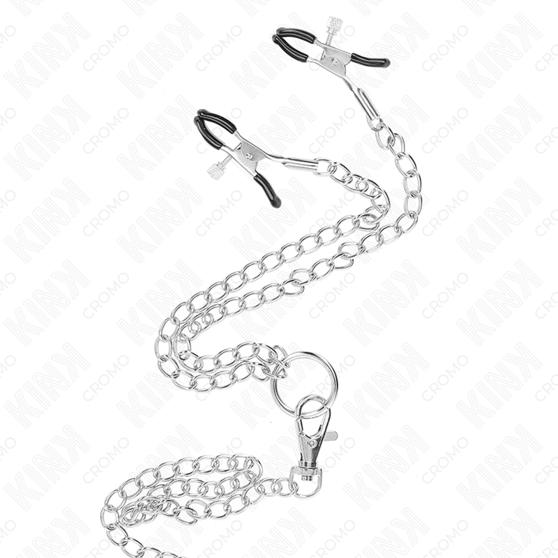 KINK - ANELLO PER PENE IN METALLO CROMATO TRIPLO DA 3,8 CM A 5 CM CON CATENA IN METALLO DA 26 CM E MORSETTI PER CAPEZZOLI MOD1 Kink Ring Power