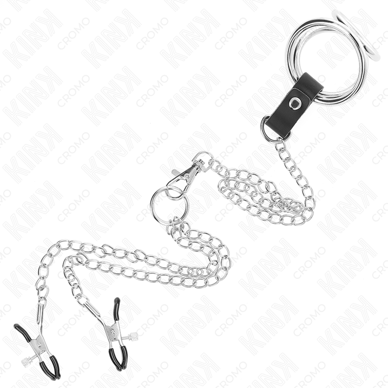 KINK - ANELLO PER PENE IN METALLO CROMATO TRIPLO DA 3,8 CM A 5 CM CON CATENA IN METALLO DA 26 CM E MORSETTI PER CAPEZZOLI MOD1 Kink Ring Power
