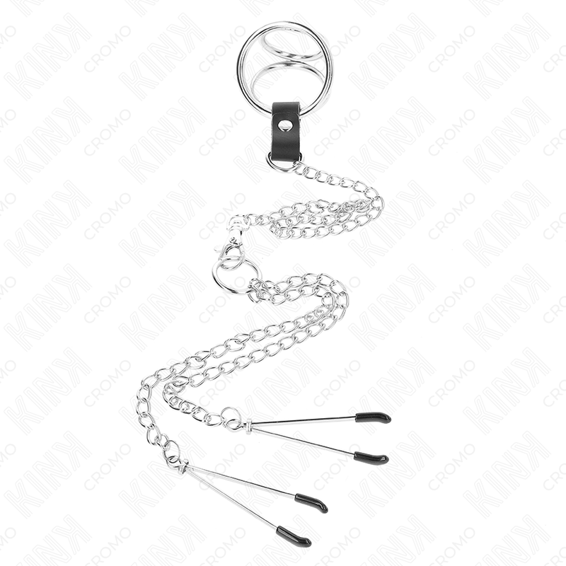 KINK - ANELLO PER PENE IN METALLO CROMATO TRIPLO DA 3,8 CM A 5 CM, CATENA IN METALLO DA 26 CM E MORSETTI PER CAPEZZOLI MOD. 2 Kink Ring Power