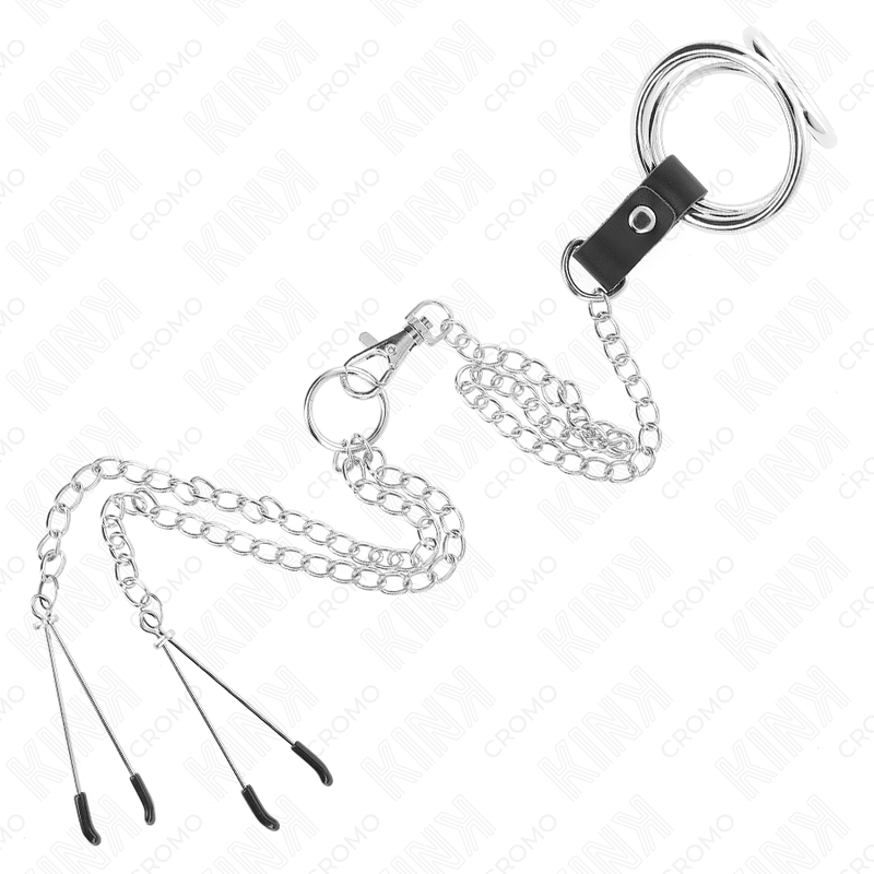 KINK - ANELLO PER PENE IN METALLO CROMATO TRIPLO DA 3,8 CM A 5 CM, CATENA IN METALLO DA 26 CM E MORSETTI PER CAPEZZOLI MOD. 2 Kink Ring Power