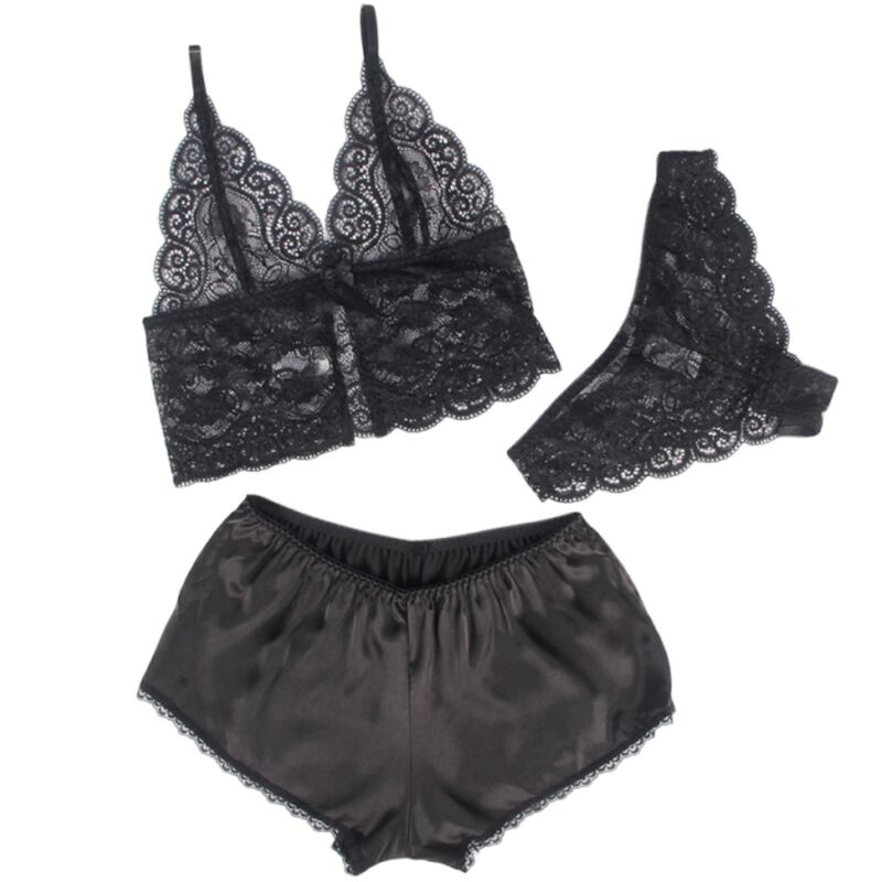 SUBBLIME - 953911 CAMICIA DA NOTTE IN SETA E PIZZO + SLIP NERO S/M Subblime Sets