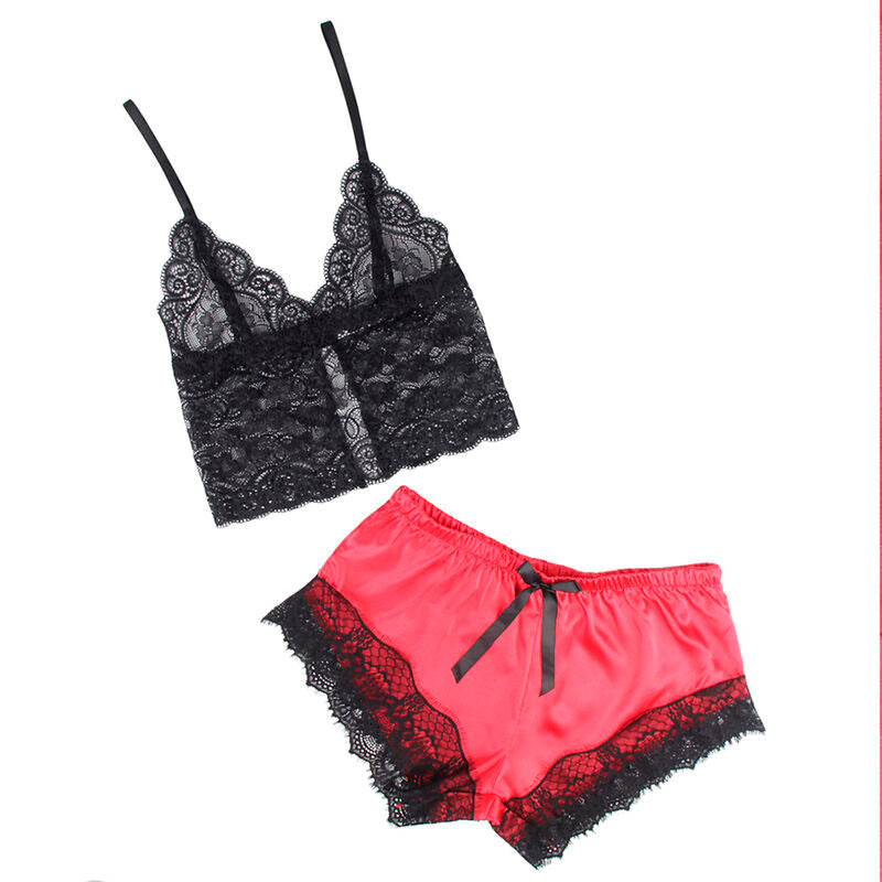 SUBBLIME - 953959 CAMICIA DA NOTTE CASUAL IN SETA + PANTALONI IN PIZZO NERO/ROSSO S/M Subblime Sets