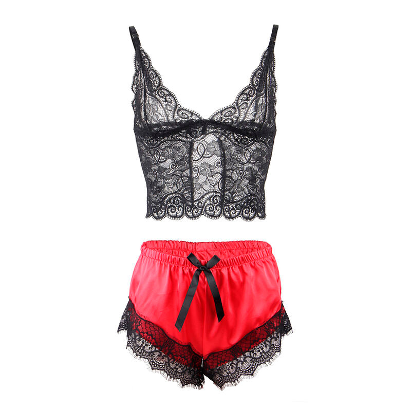 SUBBLIME - 953959 CAMICIA DA NOTTE CASUAL IN SETA + PANTALONI IN PIZZO NERO/ROSSO S/M Subblime Sets