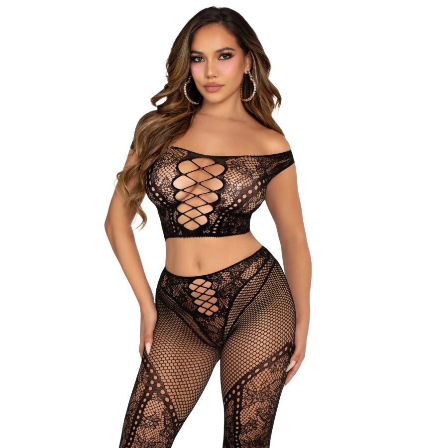 LEG AVENUE - CROP TOP E LEGGING A RETE CON SPALLE SCOPERTE NERO Leg Avenue Sets