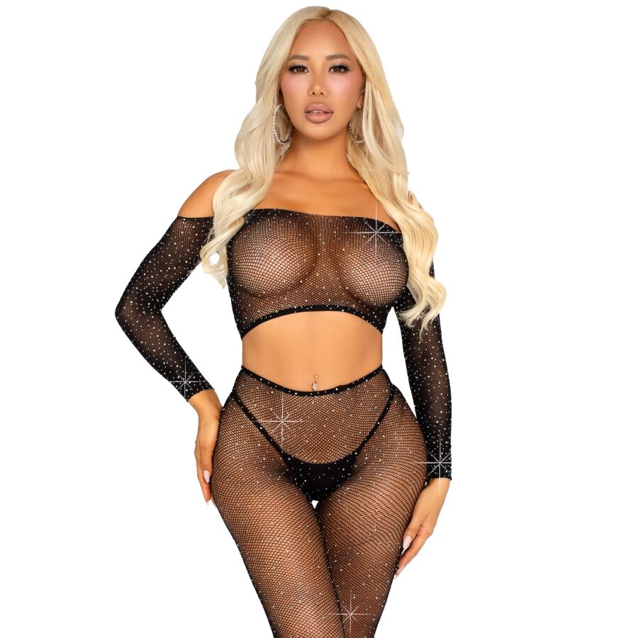 LEG AVENUE - CROP TOP E LEGGING A RETE CON STRASS NERO Leg Avenue Sets