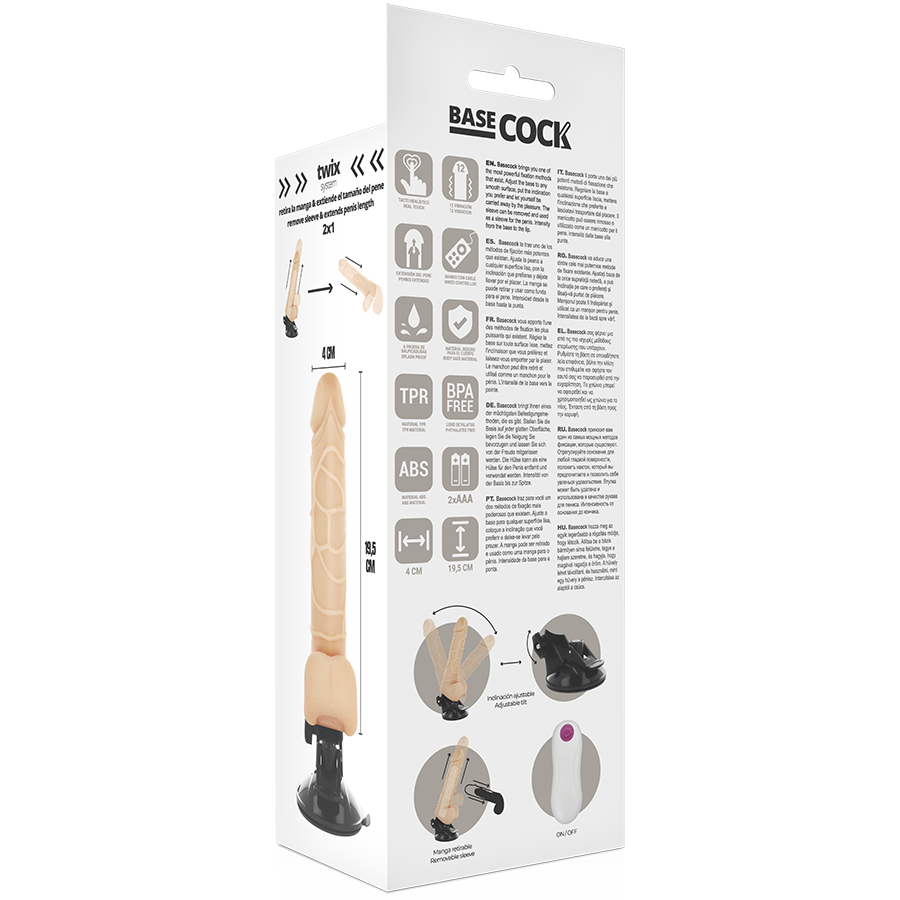 BASECOCK - VIBRATORE REALISTICO TELECOMANDO NATURALE CON TESTICOLI 19.5 CM -O- 4 CM Basecock