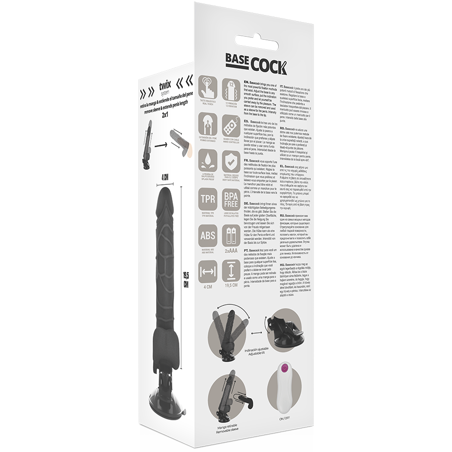 BASECOCK - VIBRATORE REALISTICO TELECOMANDO NERO CON TESTICOLI 19.5 CM -O- 4 CM Basecock